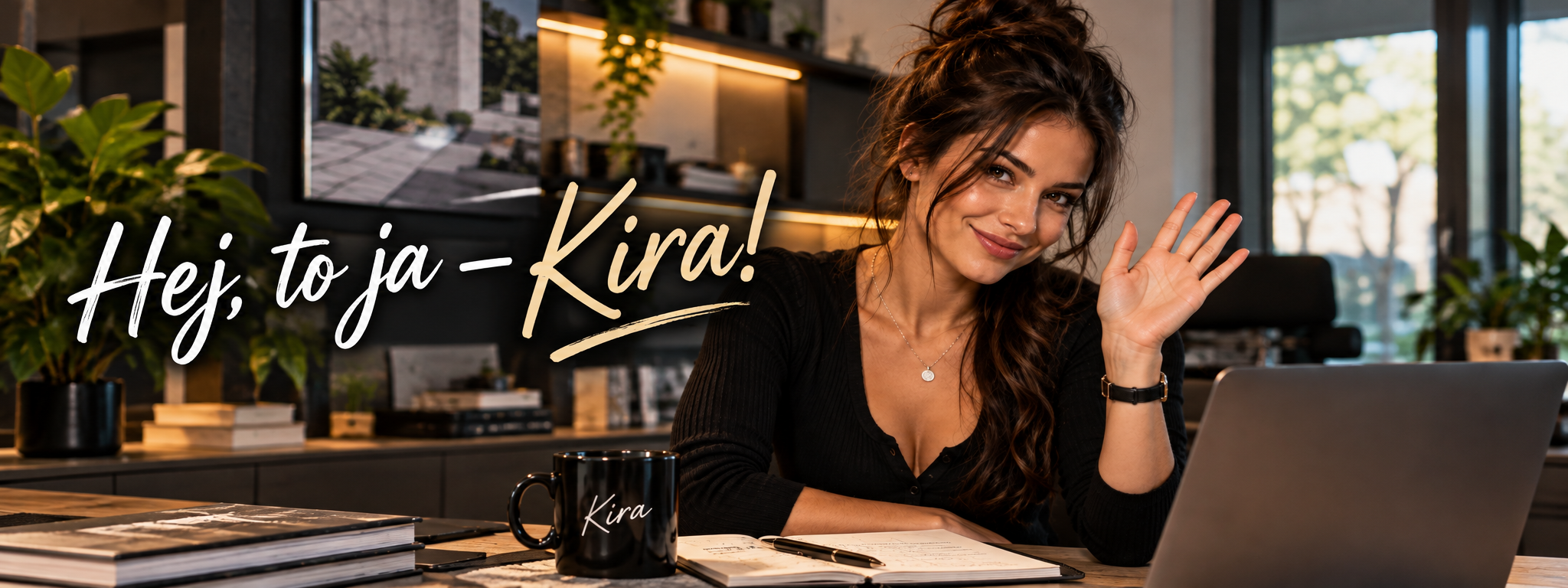 Kira macha na powitanie przy biurku z kubkiem. Hej, to ja — Kira!